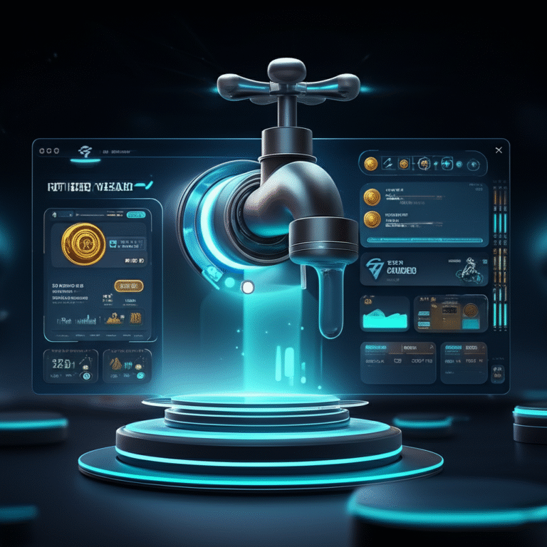Futuro dos Faucets: Inovação e Sustentabilidade Design futurista de um faucet de criptomoedas com NFTs e jogos