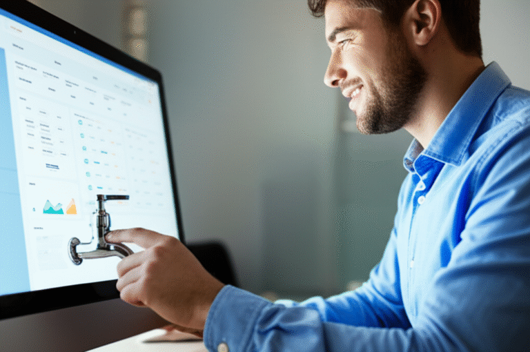 Usuário Legítimo em Faucet Anti-Bot Homem sorrindo utilizando um faucet de criptomoedas no computador.