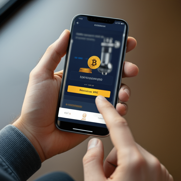 Faucet de Bitcoin em Ação Usuário interagindo com um faucet de Bitcoin em um smartphone