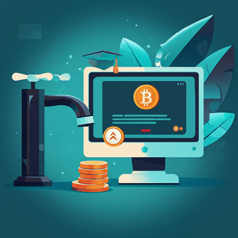 Faucet Integrado ao Aprendizado Cripto Imagem conceitual de um faucet de criptomoeda integrado a uma plataforma de aprendizado.