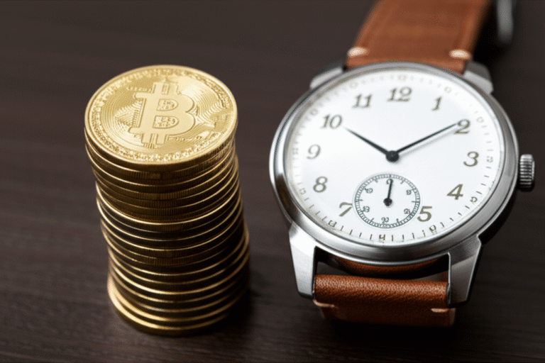 Tempo vs. Ganho em Faucets Moedas empilhadas com um relógio ao lado