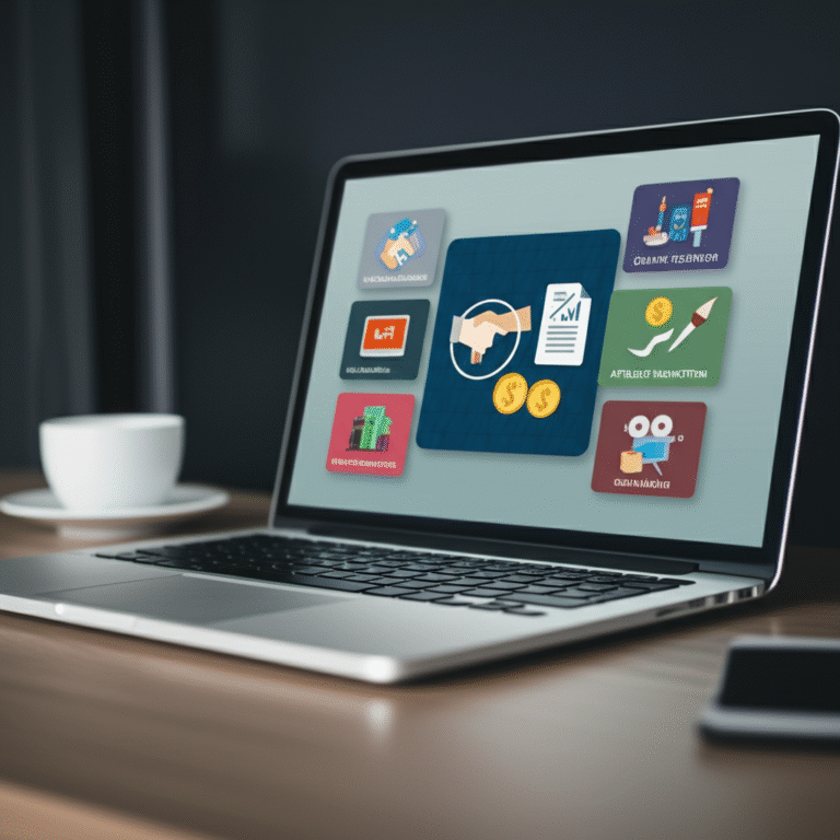 Alternativas de Renda Online Laptop com ícones de diferentes oportunidades de renda online