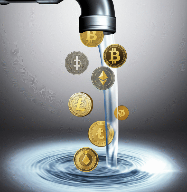 Torneira de Criptomoedas Moedas virtuais caindo em uma torneira (Faucet)