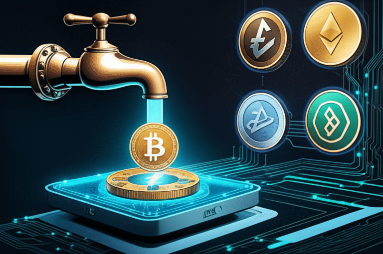 DeFi Integrado ao Faucet: Aumentando seus Ganhos Gráfico mostrando o fluxo de criptomoedas do faucet para o protocolo DeFi, gerando renda passiva