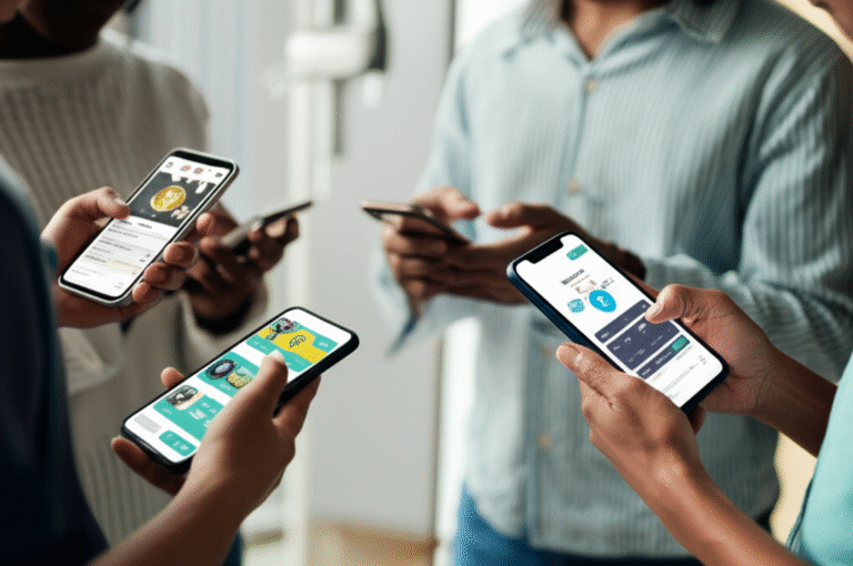 Acesso facilitado a Faucets Pessoas usando smartphones para acessar faucets de criptomoedas.