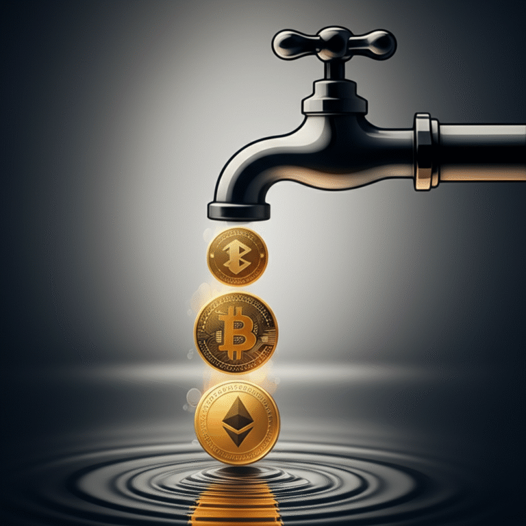 Faucet de Criptomoedas em Funcionamento Torneira gotejando moedas digitais