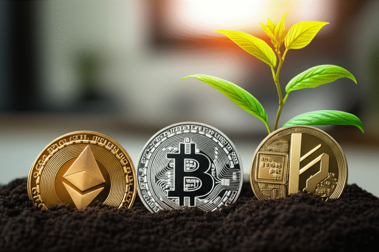 Micro Investimentos em Criptomoedas Mão segurando moedas digitais crescendo em uma planta