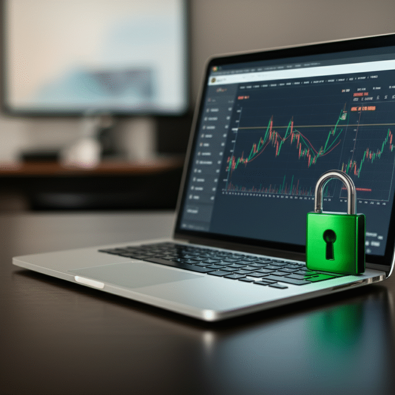 Segurança em Faucets de Criptomoedas Laptop mostrando tela com gráficos de criptomoedas e cadeado verde