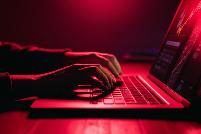 Evitando Golpes em Faucets Imagem de uma pessoa digitando em um laptop sob luz vermelha, simbolizando perigo online