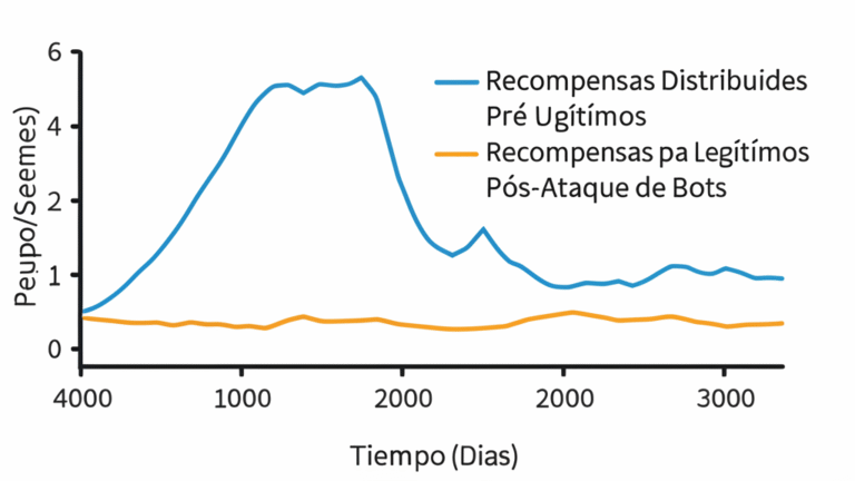 Impacto dos Bots nos Faucets Gráfico mostrando a redução de recompensas em faucet devido a ataques de bots.