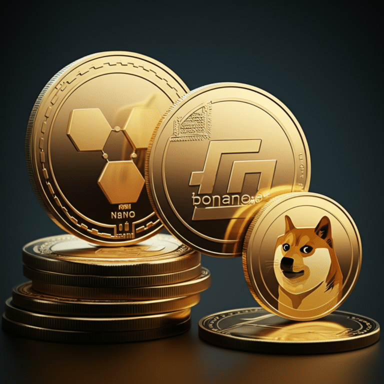 Criptomoedas para Faucets Sustentáveis Moedas digitais Nano, Banano e Dogecoin empilhadas.