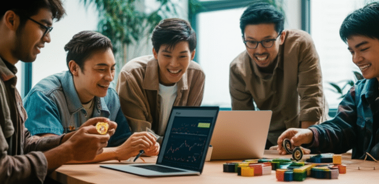 Aprendizado sobre Criptomoedas Pessoas aprendendo sobre criptomoedas em um ambiente colaborativo
