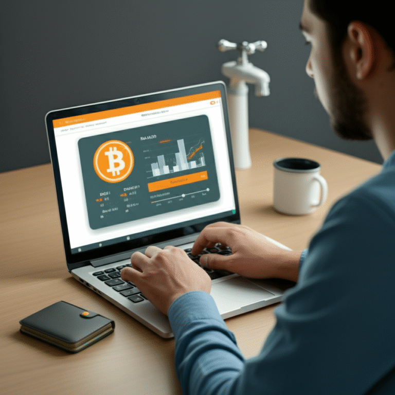 Interação com Faucet de Bitcoin Homem interagindo com um faucet de Bitcoin em seu laptop.