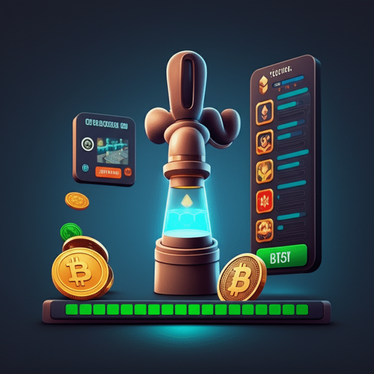 Faucet Cripto Gamificado: Diversão e Recompensa Ilustração de uma torneira digital liberando criptomoedas em um ambiente gamificado.