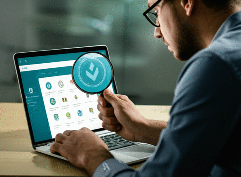 Homem verificando faucet seguro em seu notebook