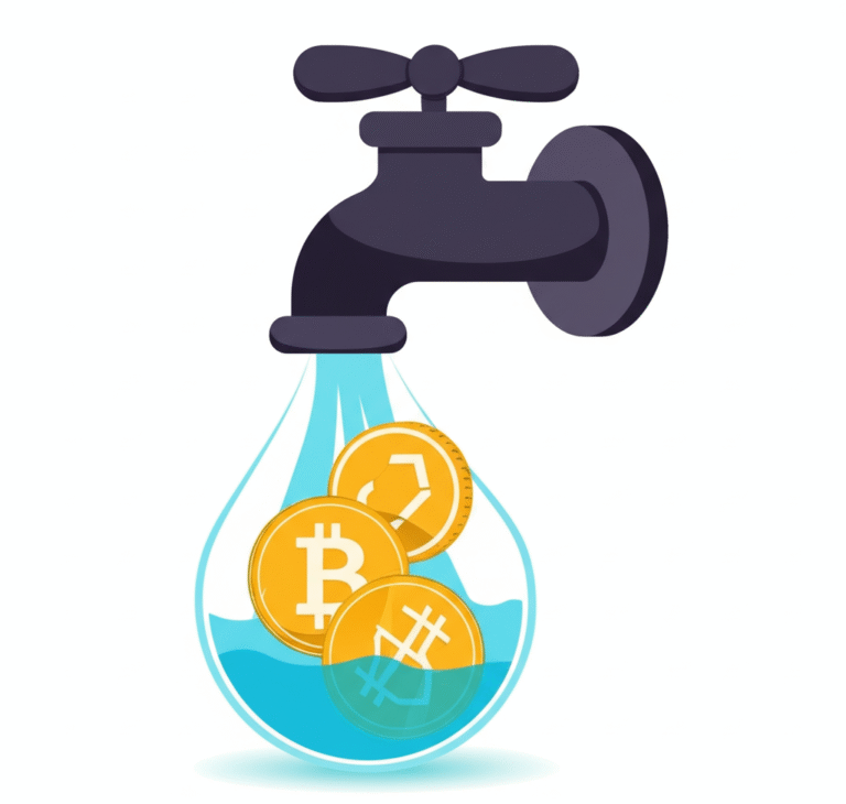 Ilustração de uma torneira de criptomoeda pingando moedas digitais.