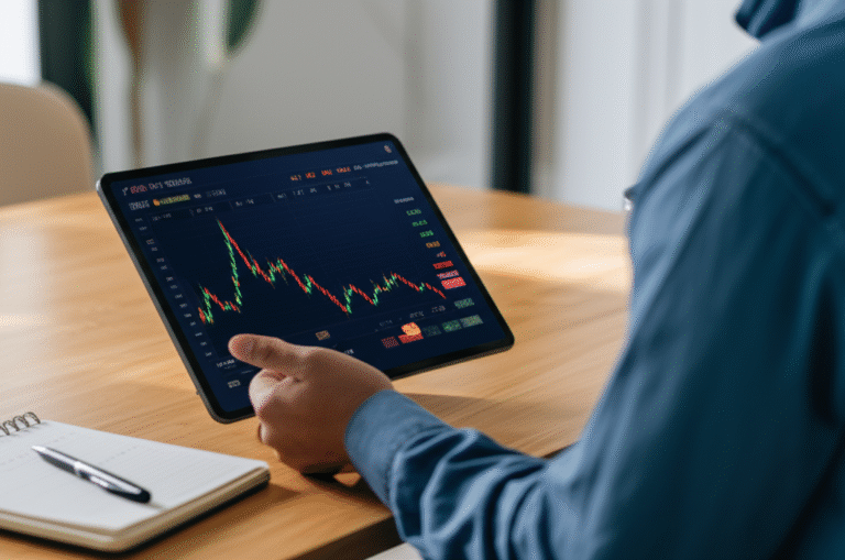 Pessoa investindo em criptomoedas com um tablet.