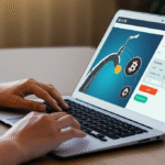Mão clicando em um faucet de criptomoeda em um laptop