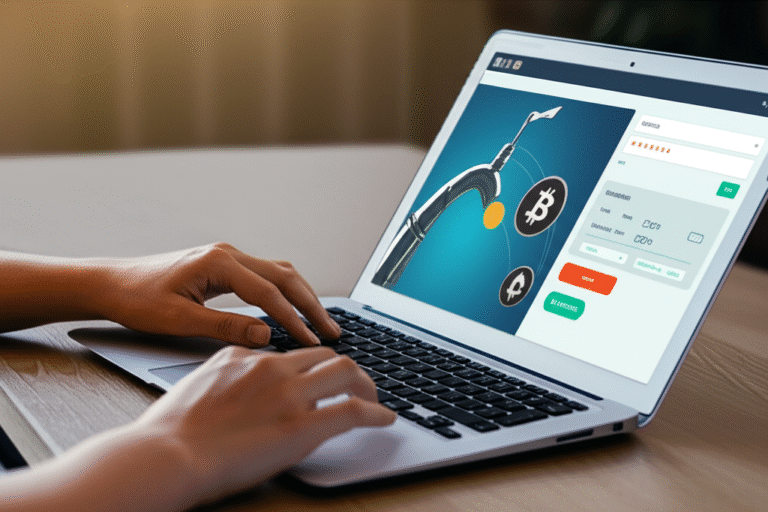 Mão clicando em um faucet de criptomoeda em um laptop