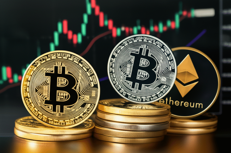 Moedas de criptomoedas empilhadas com um gráfico de mercado ao fundo