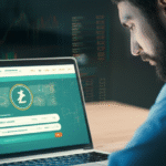 Homem examinando uma torneira de criptomoedas em um laptop.