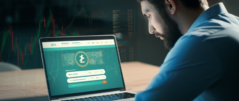 Homem examinando uma torneira de criptomoedas em um laptop.