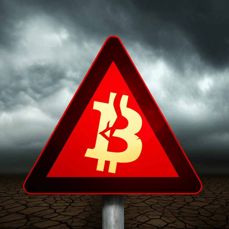 Sinal de alerta vermelho com um símbolo de criptomoeda.