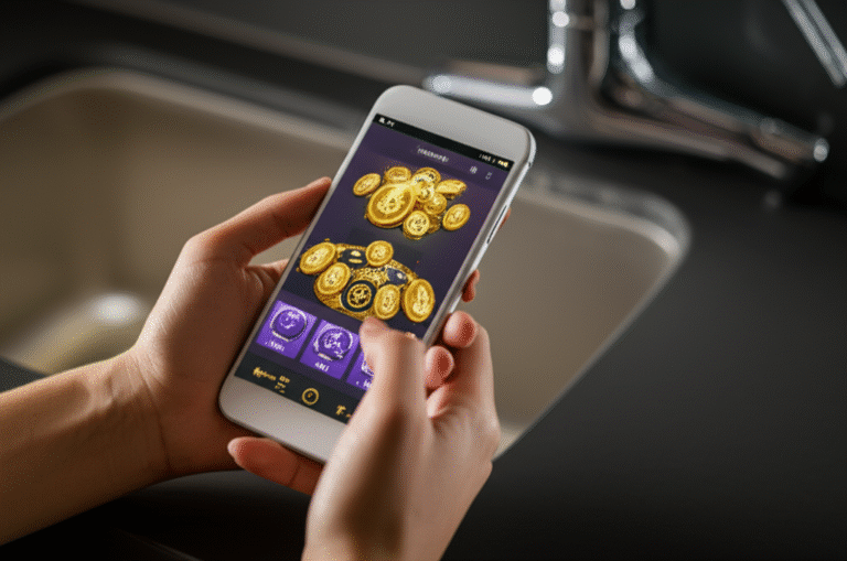 Gamificação Cripto no Celular Usuário jogando um jogo em um faucet cripto gamificado em seu smartphone.