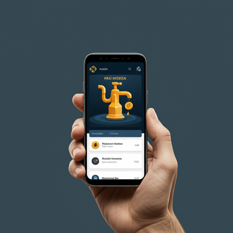 Faucet de Criptomoeda de Nicho Pessoas interagindo com faucet de criptomoeda em um smartphone