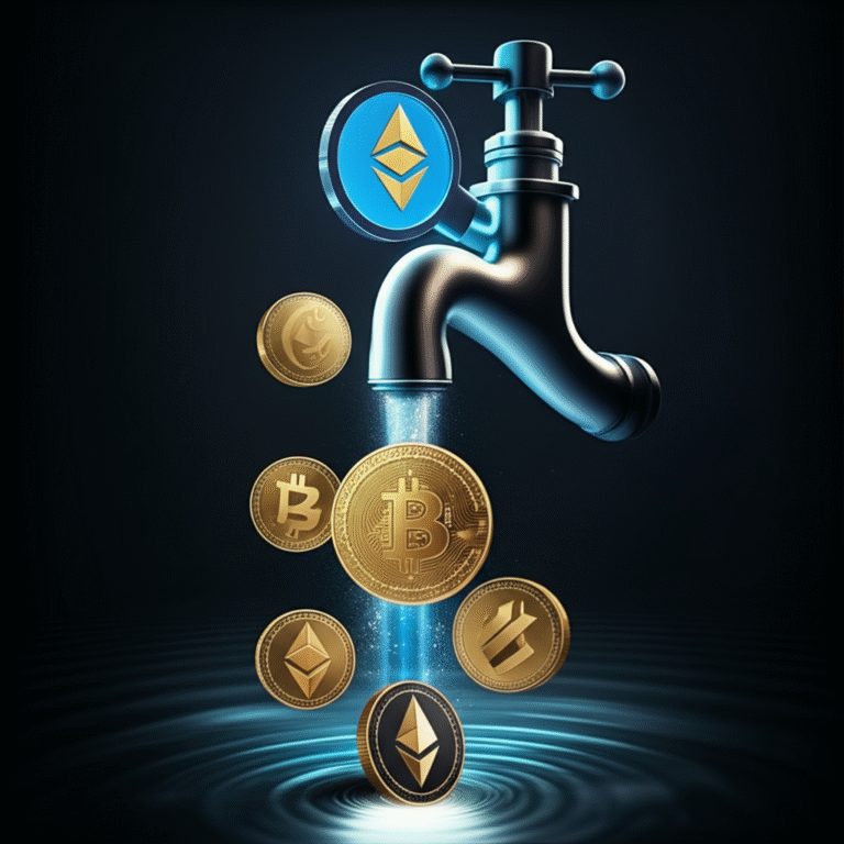 Ilustração de uma torneira digital despejando moedas criptografadas.