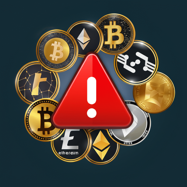Símbolo de alerta com moedas criptografadas ao redor, representando os riscos dos Faucet DeFi.