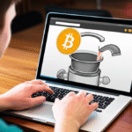 Homem usando laptop com tela mostrando torneira de Bitcoin