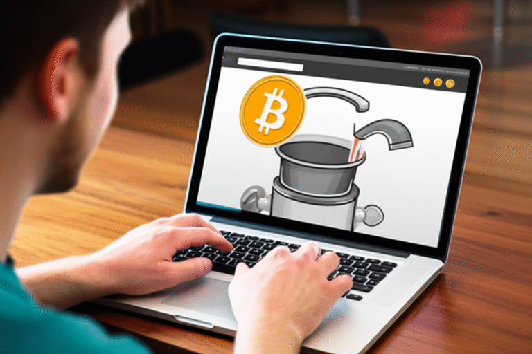 Torneira de Bitcoin em uso Homem usando laptop com tela mostrando torneira de Bitcoin