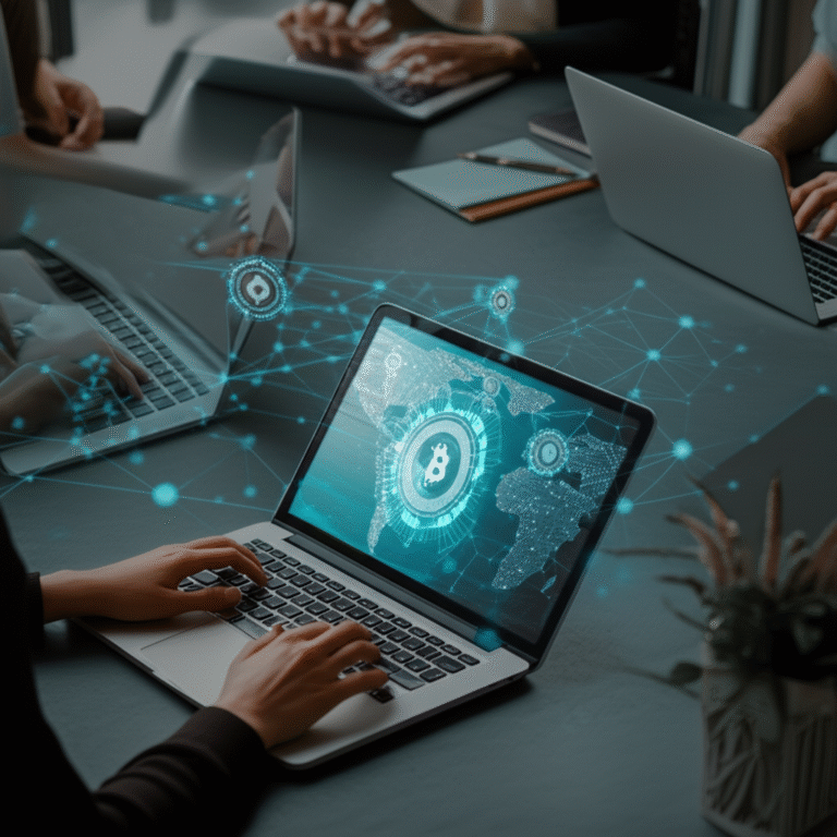 Trabalho Cripto Descentralizado Pessoas trabalhando em laptops em diferentes locais, conectadas por uma rede blockchain