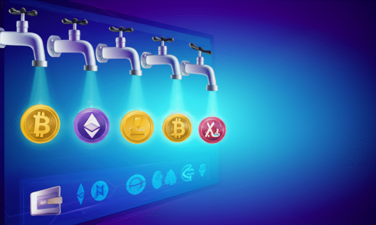 Funcionamento do Faucet Multimoedas Ilustração de um faucet multimoedas com diversas criptomoedas caindo
