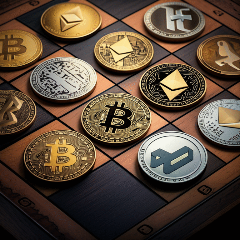 Estratégia de Investimento Cripto Moedas cripto em cima de um tabuleiro de xadrez, simbolizando estratégia de investimento