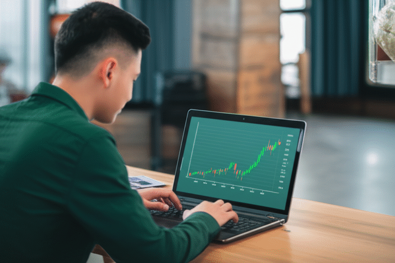Geração Z e Criptomoedas Jovem usando laptop com gráfico de criptomoedas