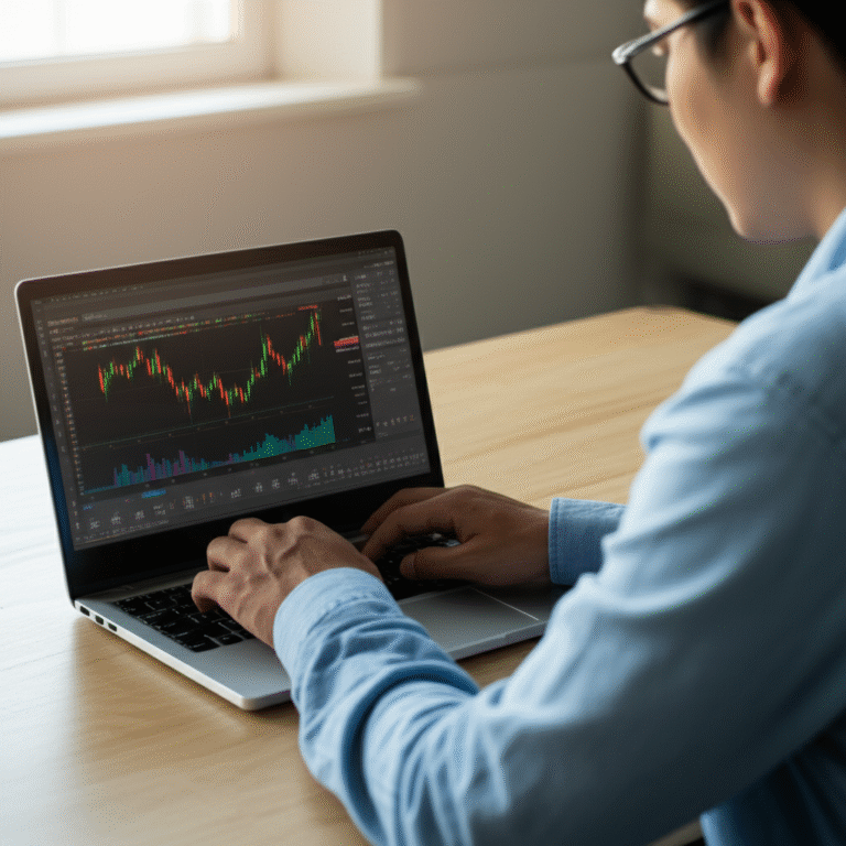 Acessando Faucet de Criptomoedas Homem jovem usando um computador portátil com gráficos de criptomoedas na tela