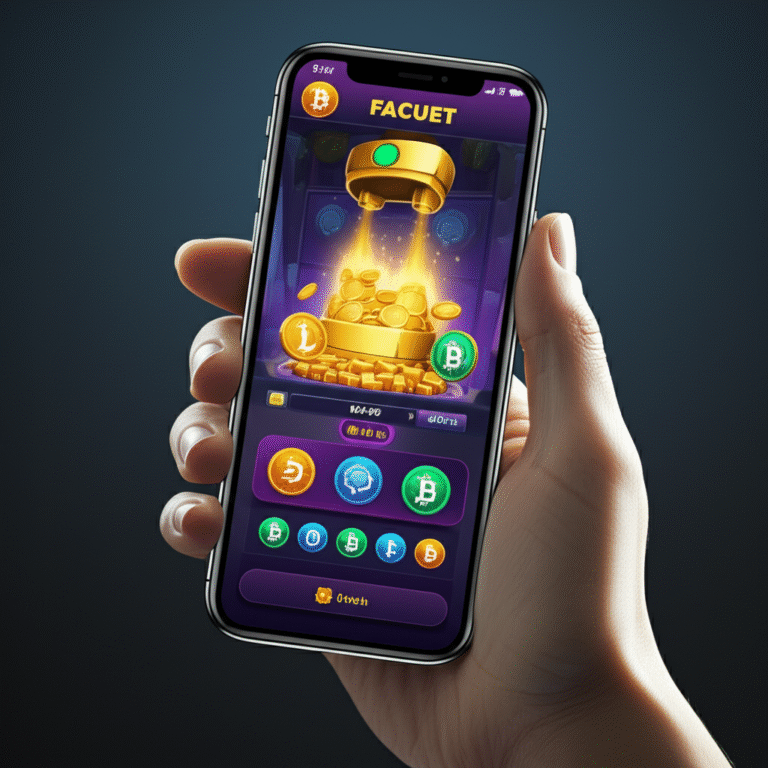 Faucet no Smartphone Mão segurando um smartphone com um aplicativo de faucet aberto