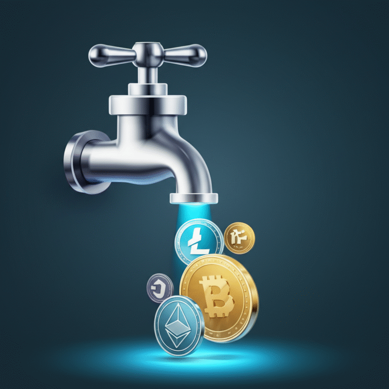 Faucet Cripto Funcionamento Ilustração de uma torneira (faucet) liberando moedas cripto digitais.