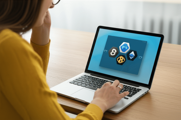 Escolhendo Faucets Cripto Mulher analisando opções de faucets cripto em um laptop.