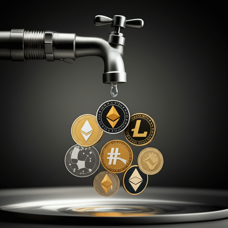 Faucet Experimental: Ganhando Criptomoedas Novas Torneira gotejando moedas virtuais simbolizando um Faucet Experimental.