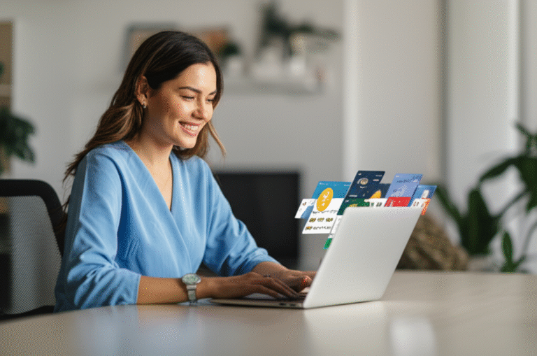 Mulher ganhando criptomoedas com um Faucet Social. Mulher sorrindo enquanto utiliza um laptop, mostrando o uso de faucet social
