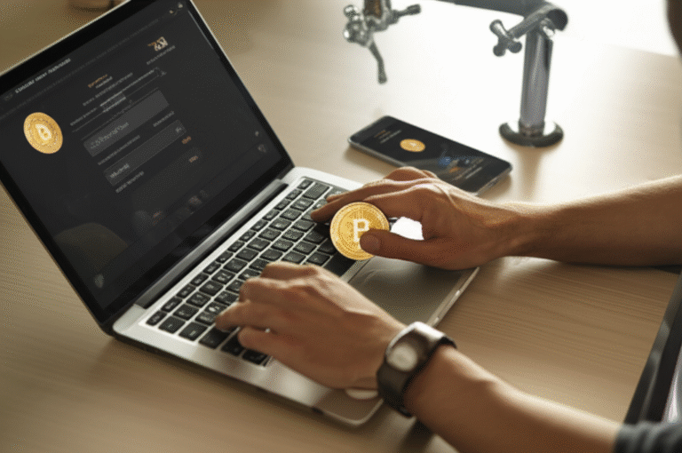 Acessando uma Faucet Cripto Pessoa usando um laptop para acessar uma faucet cripto
