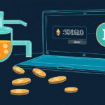 Representação visual de um faucet de criptomoeda com moedas caindo.