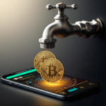 Torneira (faucet) despejando moedas de Bitcoin