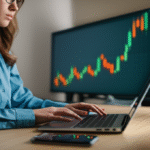 Mulher usando laptop com gráfico de criptomoedas ao fundo