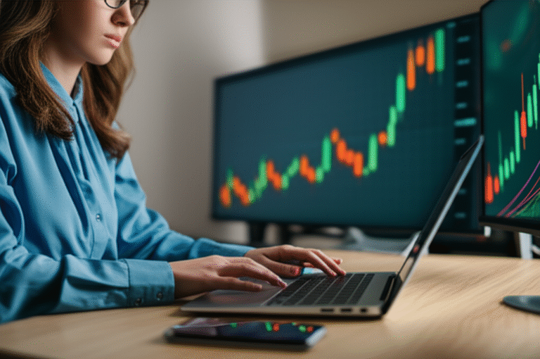 Economia da Atenção em Faucets Mulher usando laptop com gráfico de criptomoedas ao fundo