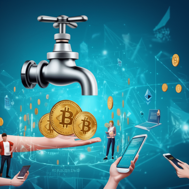 Faucet da Gratidão: Recompensas Cripto Ilustração de uma torneira derramando criptomoedas em uma mão.