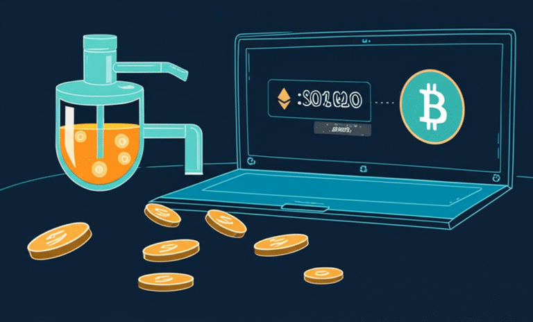 Funcionamento de um faucet de criptomoeda. Representação visual de um faucet de criptomoeda com moedas caindo.